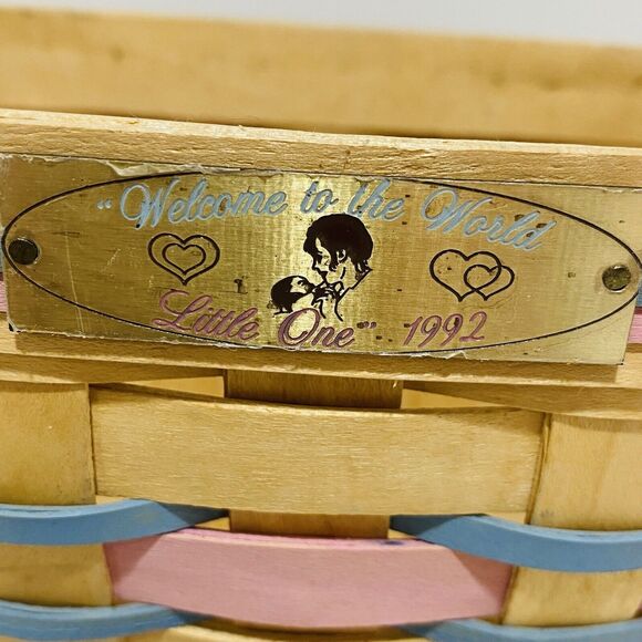 1992 Henn Basket Welcome to the World Pink Blue Bands Woven Signed Handles FLAW - Picture 3 of 11